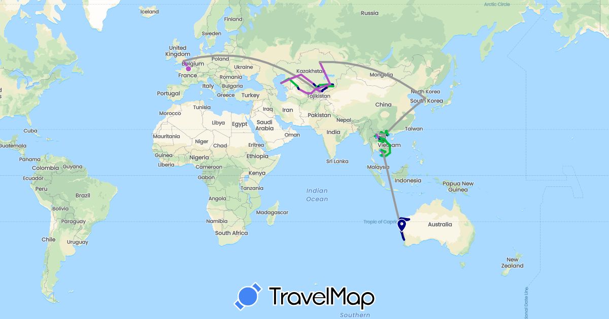 TravelMap itinerary: driving, bus, plane, train, hiking, boat, motorbike in Australia, France, United Kingdom, Kyrgyzstan, Cambodia, South Korea, Kazakhstan, Laos, Uzbekistan, Vietnam (Asia, Europe, Oceania)